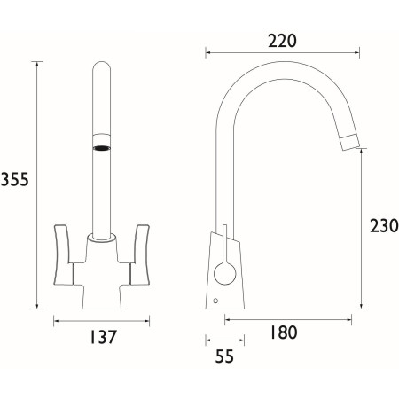 ACR EFSNK BLK Bristan Acorn Easy Fit Twin Lever Black Mono Sink Mixer Technical Drawing