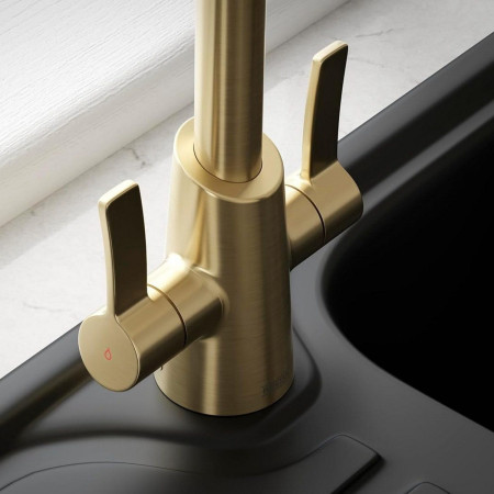 ACR EFSNK BB Bristan Acorn Easy Fit Twin Lever Brushed Brass Mono Sink Mixer Close Up of Lever Handles