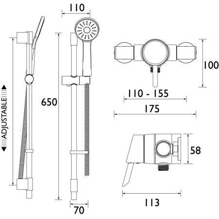 AE2 SHXAR C Bristan Acute2 Thermostatic Chrome Exposed Shower Line Drawing