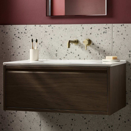 AL2THWMBASBB Bristan Altum 2TH Wall Mounted Basin Mixer in Brushed Brass Bathroom Setting