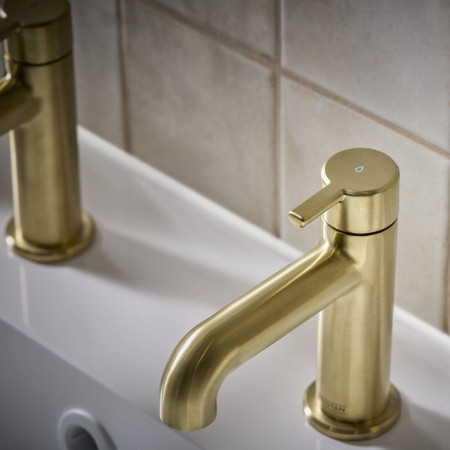 AL 1/2 BB Bristan Altum Basin Taps in Brushed Brass Lever Handle Close Up