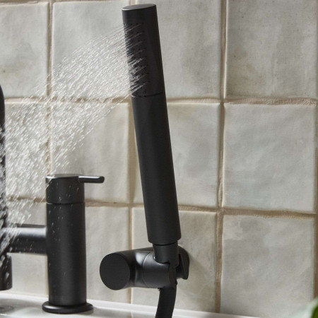 ALBSMBLK Bristan Altum Bath Shower Mixer in Black Rub Clean Handset Close Up