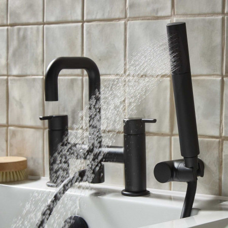 ALBSMBLK Bristan Altum Bath Shower Mixer in Black with Handset Switched On