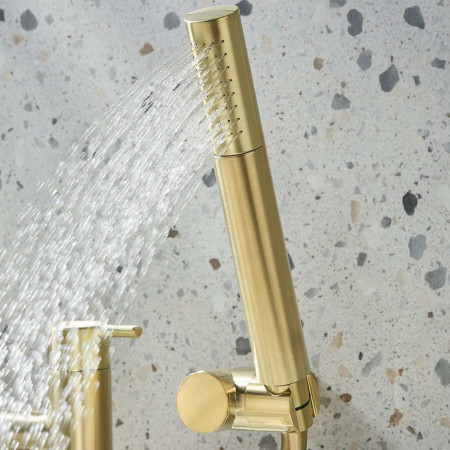 ALBSMBB Bristan Altum Bath Shower Mixer in Brushed Brass Rub Clean Handset Close Up
