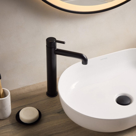 AL ES TBAS BLK Bristan Altum Eco Start Tall Basin Mixer with Waste in Black with a Countertop Basin