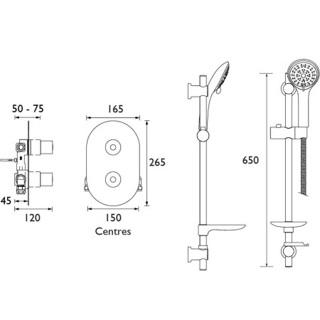 AR3SHCMTC Bristan Artisan 3 Thermostatic Recessed Shower Valve with Shower Kit Line Drawing