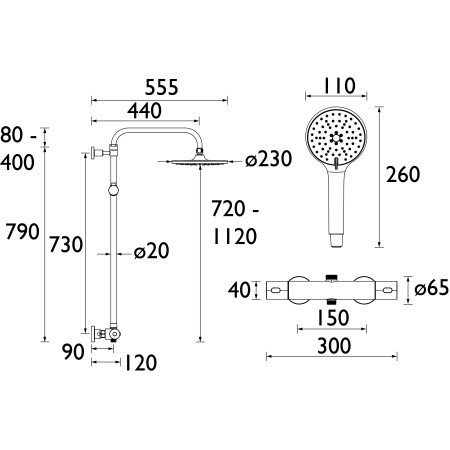 BUZ2 SHXDIVCTFF C Bristan Buzz2 Bar Shower with Telescopic Riser Kit Line Drawing