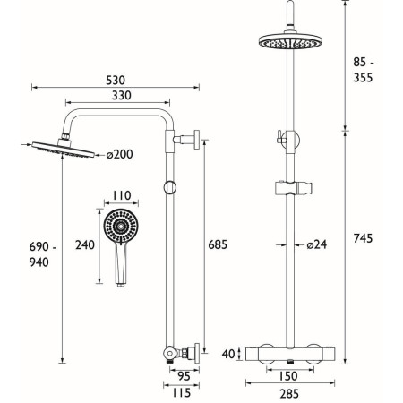 Bristan Buzz Black Thermostatic Bar Shower with Rigid Riser Technical Drawing