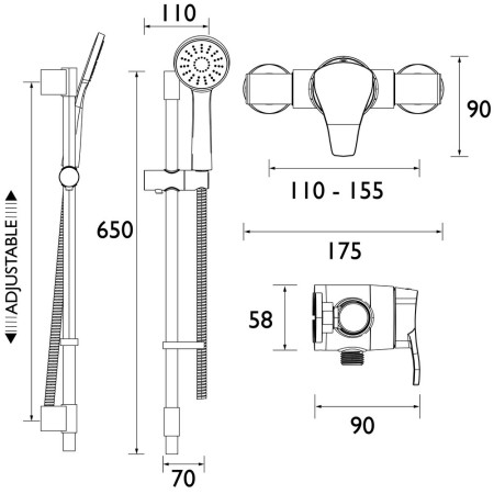 CAP3 SHXAR C Bristan Capri3 Thermostatic Chrome Exposed Shower Line Drawing