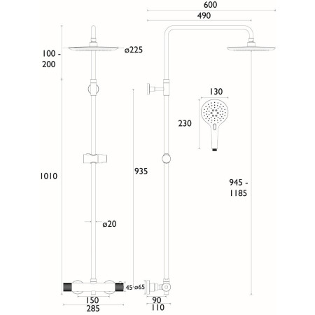 CR SHXDIVFF C Bristan Carre Thermostatic Shower with Fixed & Adjustable Head Line Drawing