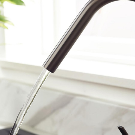 CSH EFSNK GM Bristan Cashew Easy Fit Twin Lever Gunmetal Sink Mixer Close Up of Spout