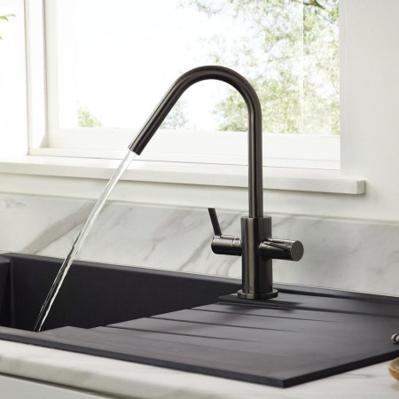 CSH EFSNK GM Bristan Cashew Easy Fit Twin Lever Gunmetal Sink Mixer Installed on Kitchen Sink