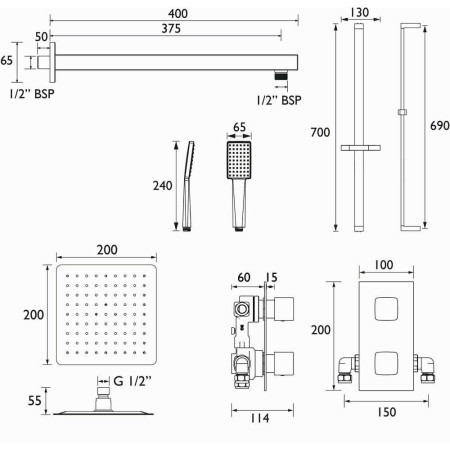Bristan Cobalt Black Concealed Dual Control Shower Pack Spares Drawing