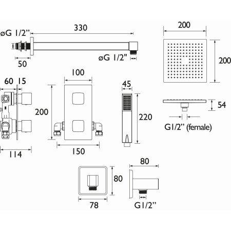 COBALT SHWR PK2 Bristan Cobalt Thermostatic Shower Package Two Line Drawing