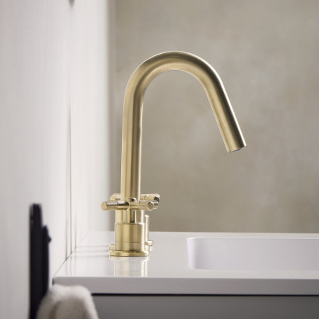 CRU 3TH BAS BB Bristan Cruzar 3TH Basin Mixer in Brushed Brass Side View