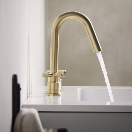 CRU 3TH BAS BB Bristan Cruzar 3TH Basin Mixer in Brushed Brass Hot Handle View