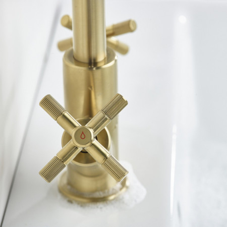 CRU BAS BB Bristan Cruzar Basin Mixer with Waste in Brushed Brass Handles Close Up
