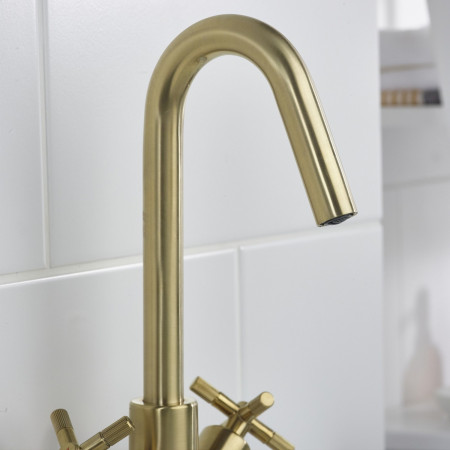CRU BAS BB Bristan Cruzar Basin Mixer with Waste in Brushed Brass Curved Spout Close Up
