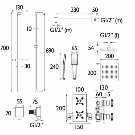 CRUCSHWRPK Bristan Cruzar Chrome Concealed Shower with Fixed Head and Riser Kit Line Drawing