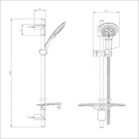 EVF KIT03 C Bristan Evo Shower Kit with 3 Function Rub Clean Handset & Shelf Line Drawing