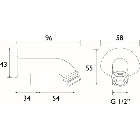 9042-C Bristan Exposed Shower Arm for Rigid Riser 87mm Line Drawing