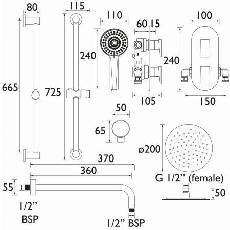 FRAMMENTOSHWRPK Bristan Frammento Concealed Dual Control Shower Pack in Chrome Line Drawing