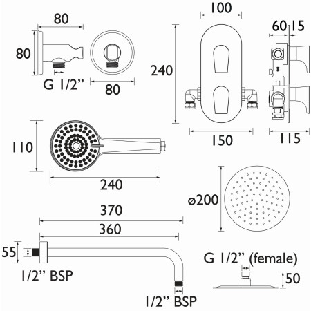 HOURGLASSBLKSHWRPK2 Bristan Hourglass Concealed Black Dual Control Shower Pack Line Drawing