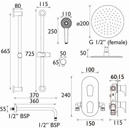 HOURGLASSSHWRPK4 Bristan Hourglass Concealed Chrome Dual Control Shower Pack Line Drawing