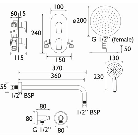 HOURGLASS SHWR PK3 Bristan Hourglass Shower Pack Three Line Drawing