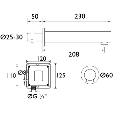IRWS1-CP Bristan Infrared Automatic Basin Wall Spout Line Drawing