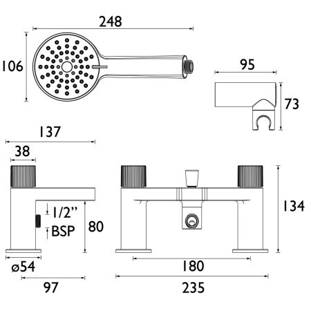 LISBSMBLK Bristan Liso Black Bath Shower Mixer Line Drawing