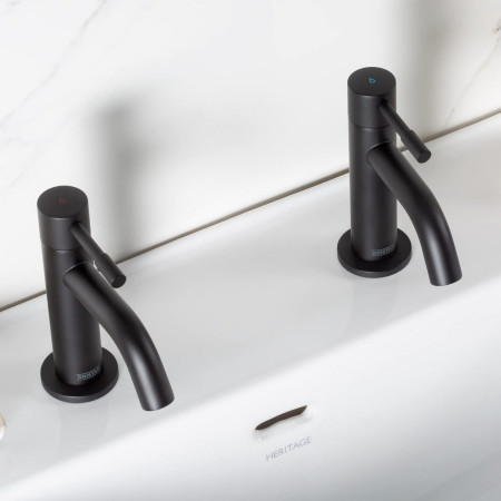 MI 1/2 BLK Bristan Mila Basin Pillar Taps Pair Black Close Up