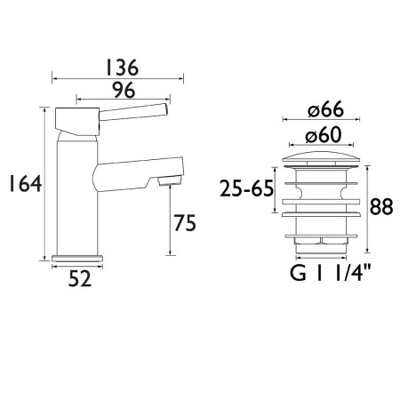 MIO BAS C Bristan Mios Basin Mixer with Clicker Waste Line Drawing