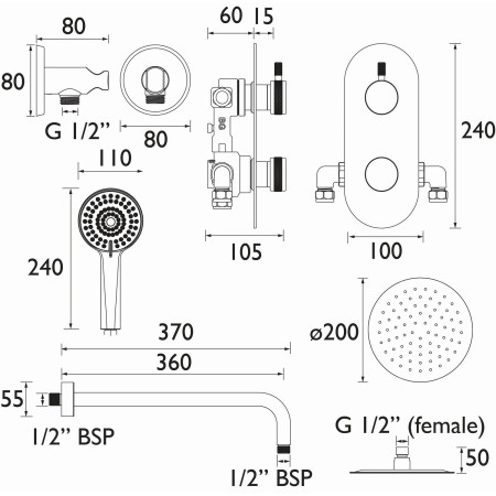 MOLIDA BLK SHWR PK2 Bristan Molida Black Concealed Thermostatic Dual Control Two Outlet Shower Pack Dimensions