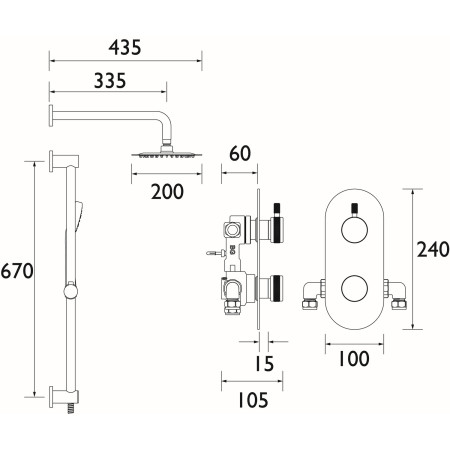 MOLIDA BB SHWR PK Bristan Molida Brushed Brass Concealed Thermostatic Shower with Fixed Head and Riser Kit Dimensions