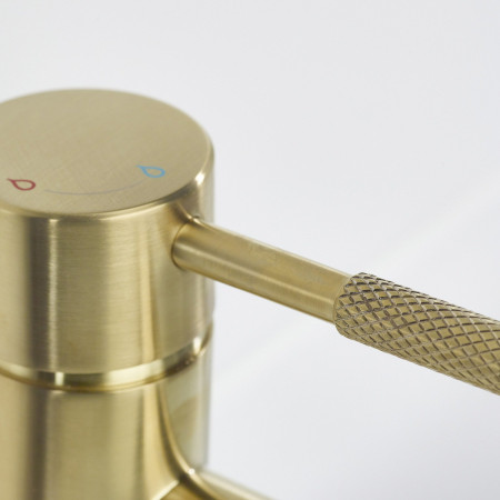 MOL ES BAS BB Bristan Molida Eco Start Basin Mixer with Waste in Brushed Brass Lever Handle Close Up