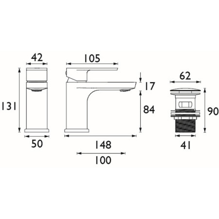 NAP BAS C Bristan Napoli Chrome Basin Mixer with Clicker Waste Line Drawing