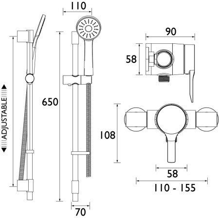 NZA SHXAR C Bristan Onza Thermostatic Chrome Exposed Shower Line Drawing