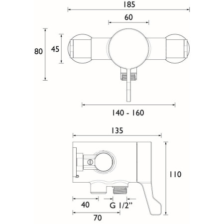OP TS3650 EL C Bristan Opac Exposed Shower Valve with Lever Handle Line Drawing