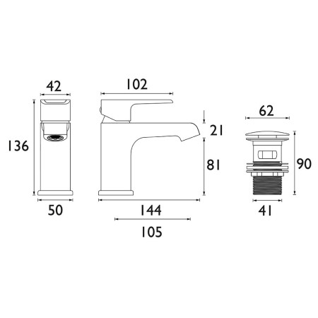 PO BAS C Bristan Polo Chrome Basin Mixer with Clicker Waste Line Drawing
