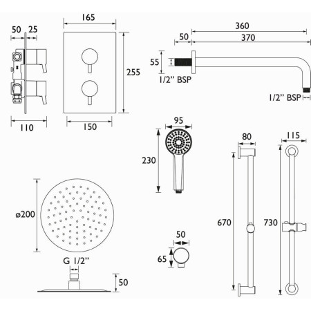 Bristan Prism Black Concealed Dual Control Shower Pack Technical Drawing