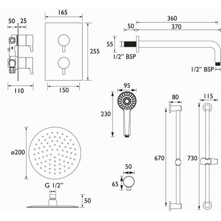 PRISM BB SHWR PK Bristan Prism Brushed Brass Concealed Dual Control Shower Pack Line Drawing