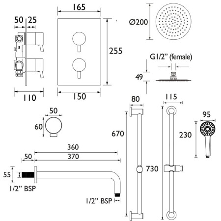 PRISM SHWR PK2 Bristan Prism Recessed Dual Control Shower Pack 2 Dimensions