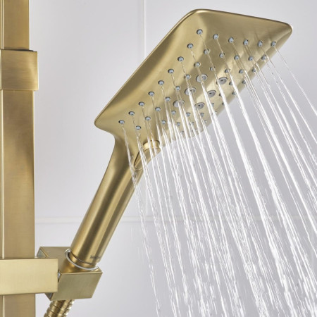 QDSHXDIVCTFFBB Bristan Quadrato Safe Touch Brushed Brass Thermostatic Rigid Riser Bar Shower Handset Setting Two