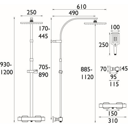 QDSHXDIVCTFFGM Bristan Quadrato Safe Touch Gunmetal Thermostatic Rigid Riser Bar Shower Line Drawing