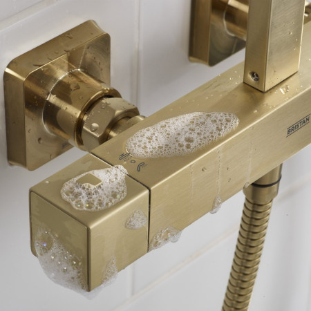 QBSHXDIVCTFFBB Bristan Qubo Thermostatic Bar Shower with Rigid Riser in Brushed Brass Diverter Handle Details