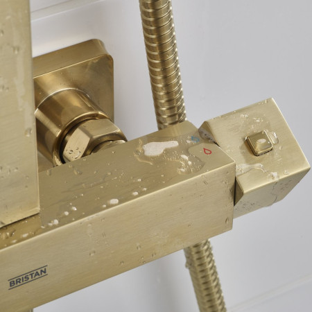 QBSHXDIVCTFFBB Bristan Qubo Thermostatic Bar Shower with Rigid Riser in Brushed Brass Valve and Temperature Handle