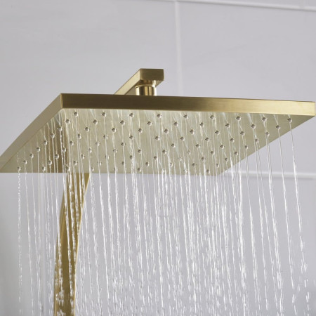 QBSHXDIVCTFFBB Bristan Qubo Thermostatic Bar Shower with Rigid Riser in Brushed Brass Drench Head On