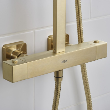 QBSHXDIVCTFFBB Bristan Qubo Thermostatic Bar Shower with Rigid Riser in Brushed Brass Exposed Valve