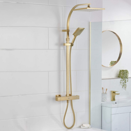 QBSHXDIVCTFFBB Bristan Qubo Thermostatic Bar Shower with Rigid Riser in Brushed Brass Lifestyle